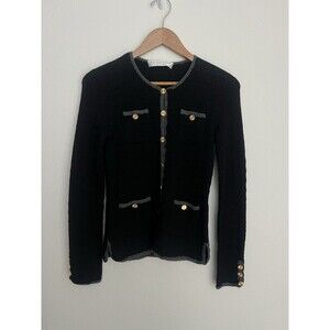 Trina Turk 4 Pocket Crochet Trim Black Wool Cardigan Sweater Gold Buttons Preppy